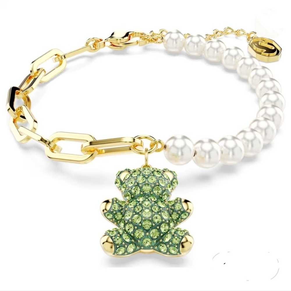 Swarovski Teddy Bracelet Crystal Pearl Bear Green Gold Tone